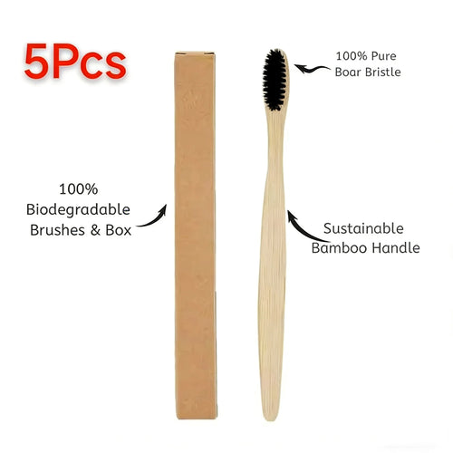 5 Pcs Natural Bristle Bamboo Toothbrush with Boar Bristles Compostable